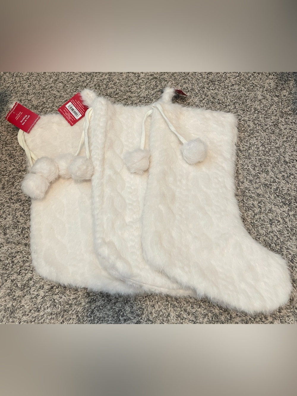 Ashland Cream Faux Fur Holiday Stockings with Pom-Pom Trim